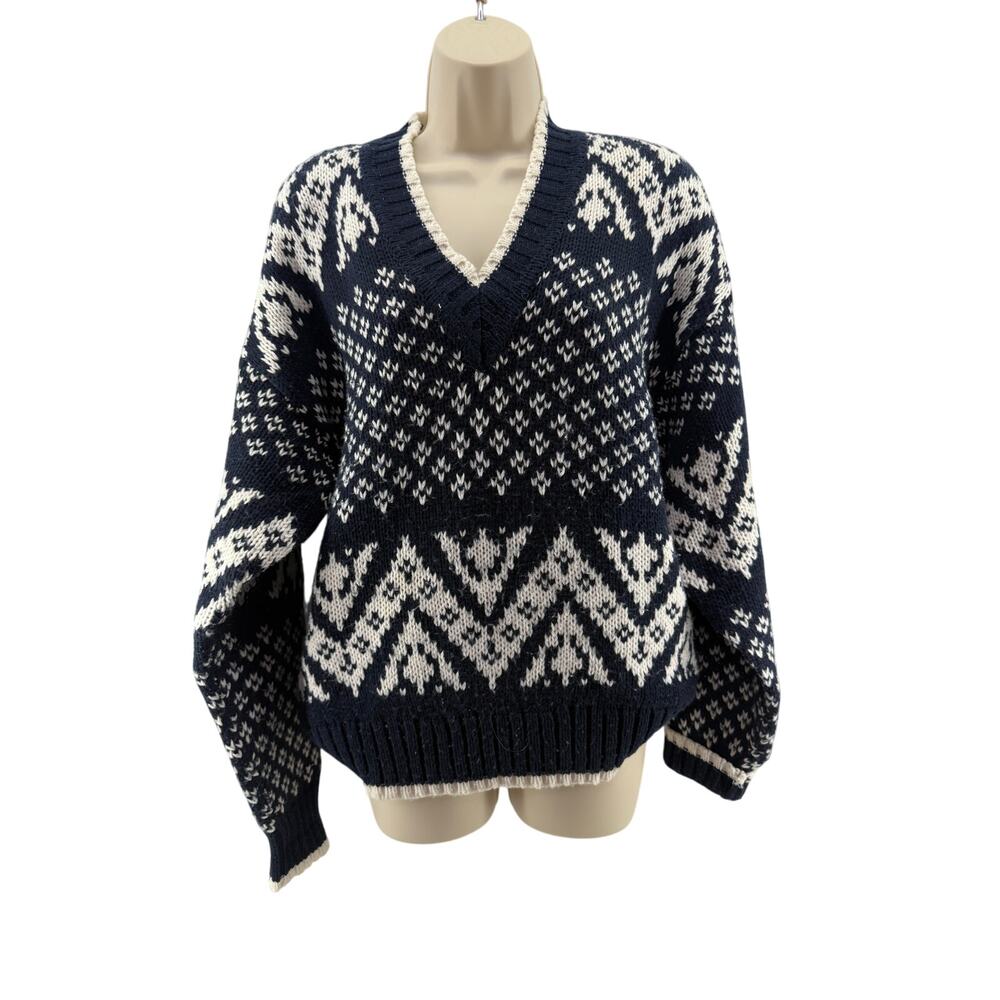 Vintage Cheryl Tiegs Navy White Pullover Jumper Sweater V Neck Womens Large